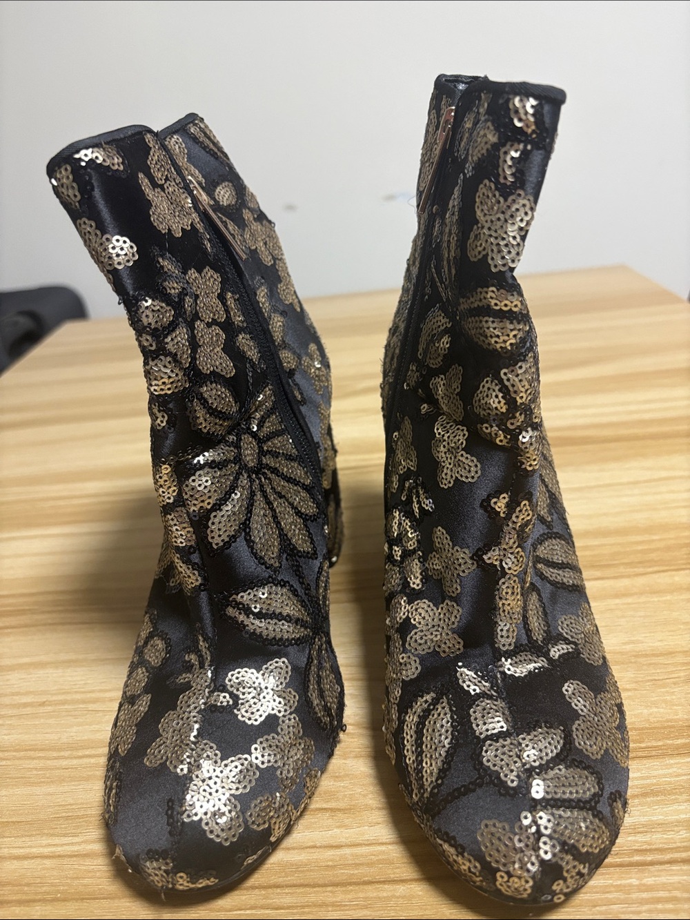 Nannette Black Ankle Boots with Gold Sequin Floral Embroidery